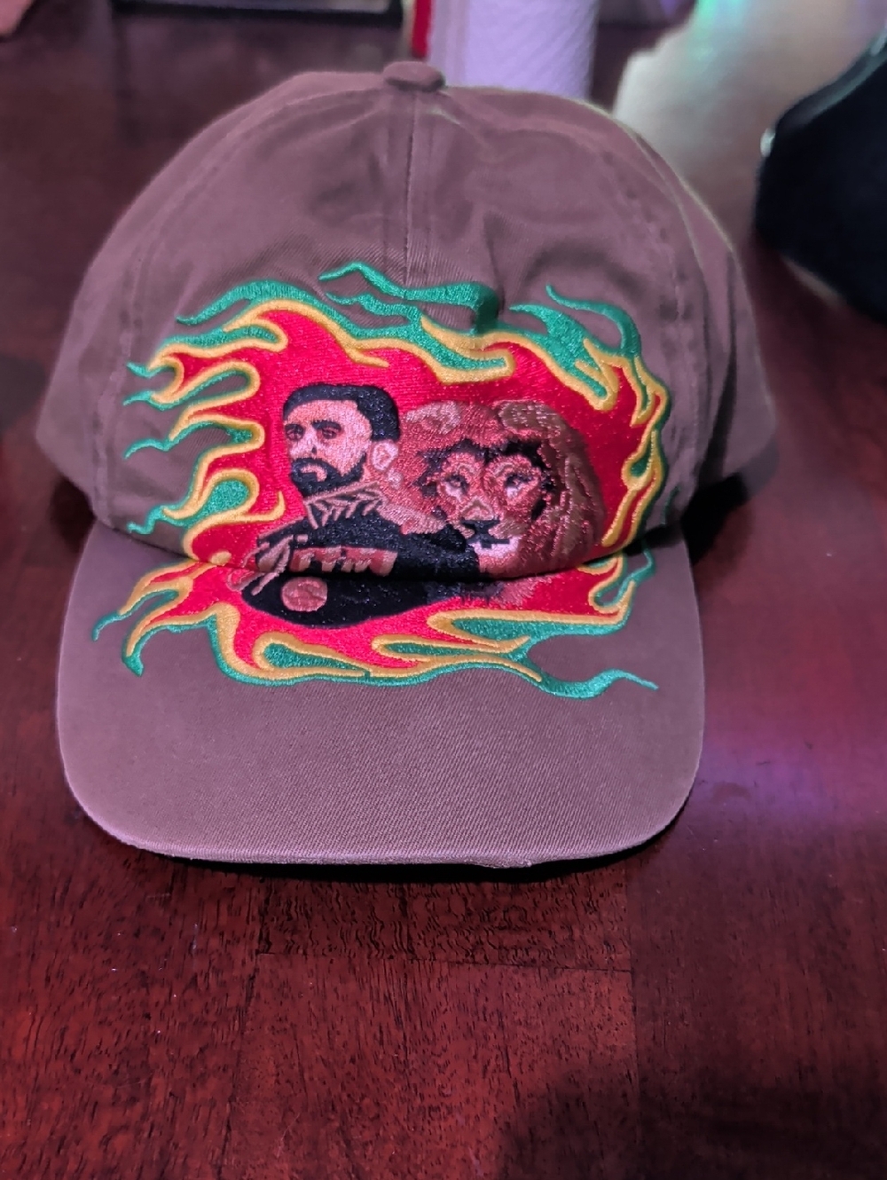 Supreme Brown Baseball Cap with Embroidered Flame Lion and Portrait